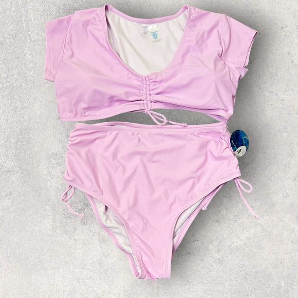 New Decree French Orchid‎ Ruched High Rise Bikini Set Pink Bottom 0X Top 1X - Picture 1 of 10